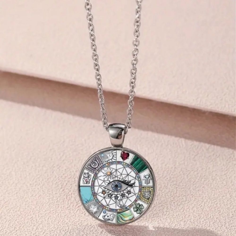 Zodiac Eye Necklace Silver Color Face Pendant Gold Tone Chain NWOT
